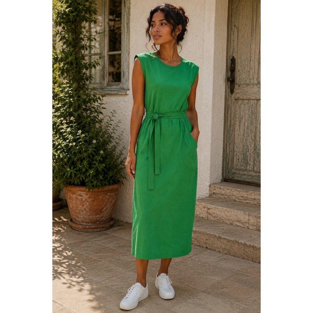 Velvet Graham Spencer Green Cotton Midi Dress XS Sleeveless Pockets Minimalist